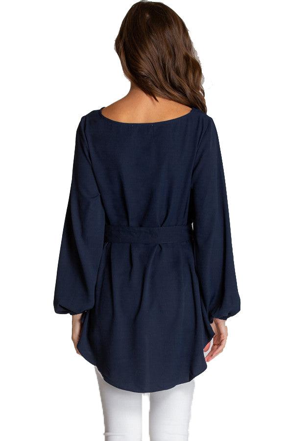 Women's Navy Loose Fit Boat Neckline Blouse With Button Details
