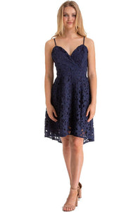 Women's Navy Floral Embroidery Lace Dress with V-Neckline