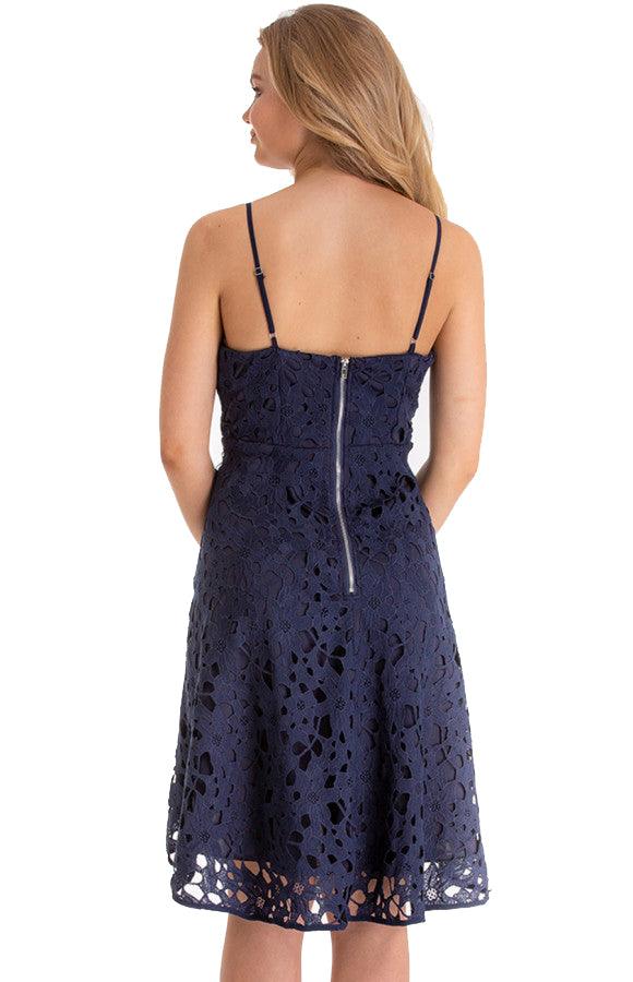 Women's Navy Floral Embroidery Lace Dress with V-Neckline