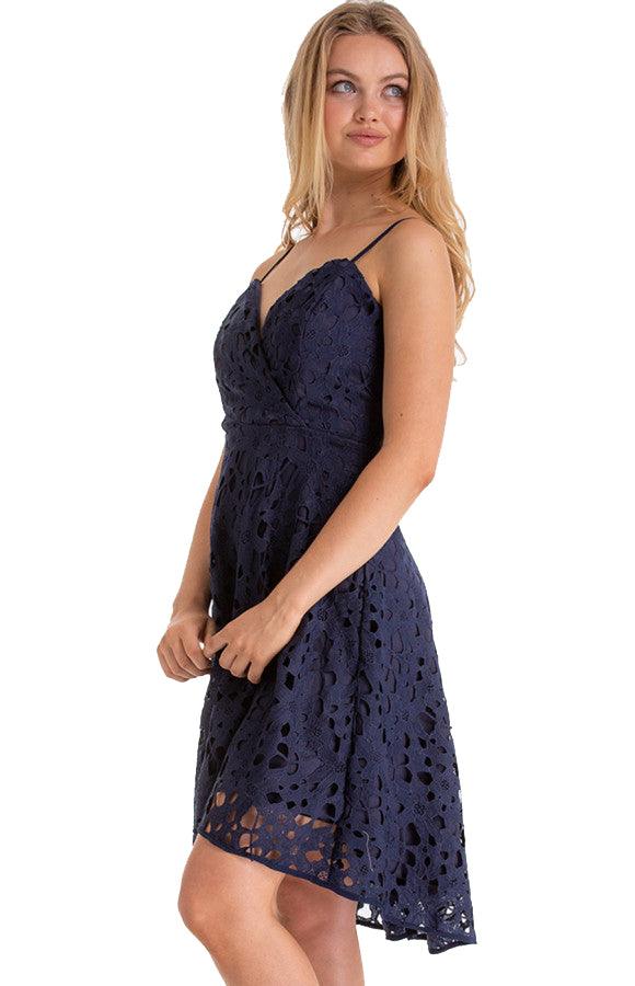 Women's Navy Floral Embroidery Lace Dress with V-Neckline