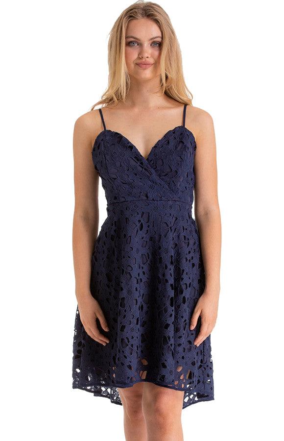 Women's Navy Floral Embroidery Lace Dress with V-Neckline