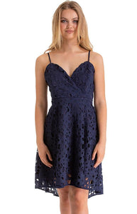 Women's Navy Floral Embroidery Lace Dress with V-Neckline