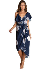 Load image into Gallery viewer, Women&#39;s Navy Floral V-Neckline Dress With Contrast Shoulder Details
