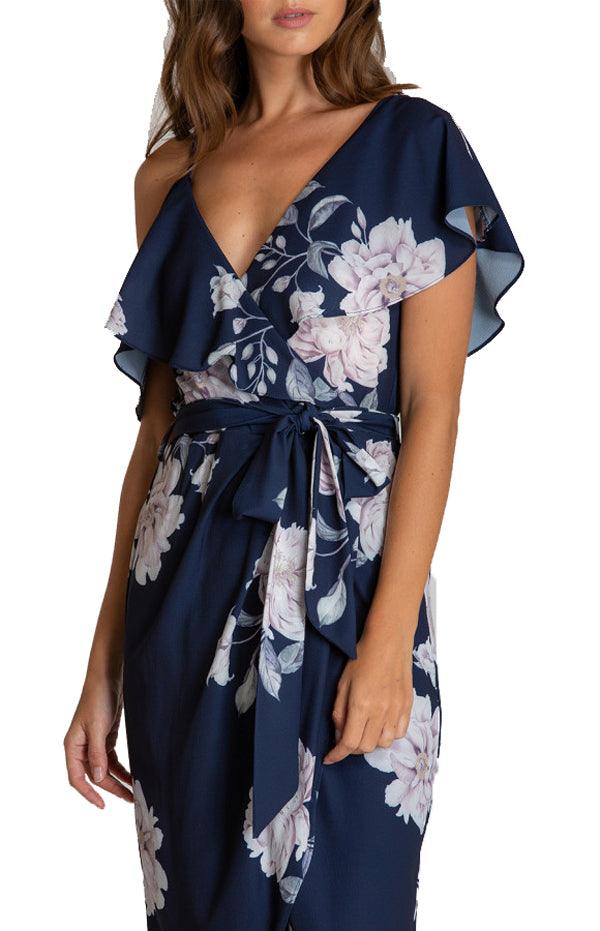 Women's Navy Floral V-Neckline Dress With Contrast Shoulder Details