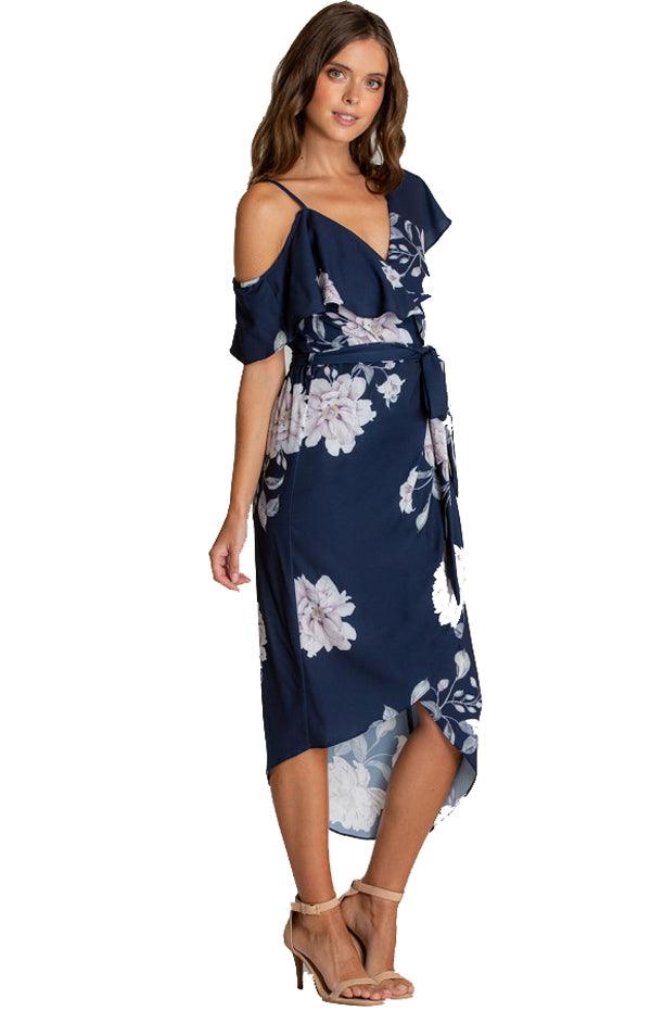 Women's Navy Floral V-Neckline Dress With Contrast Shoulder Details