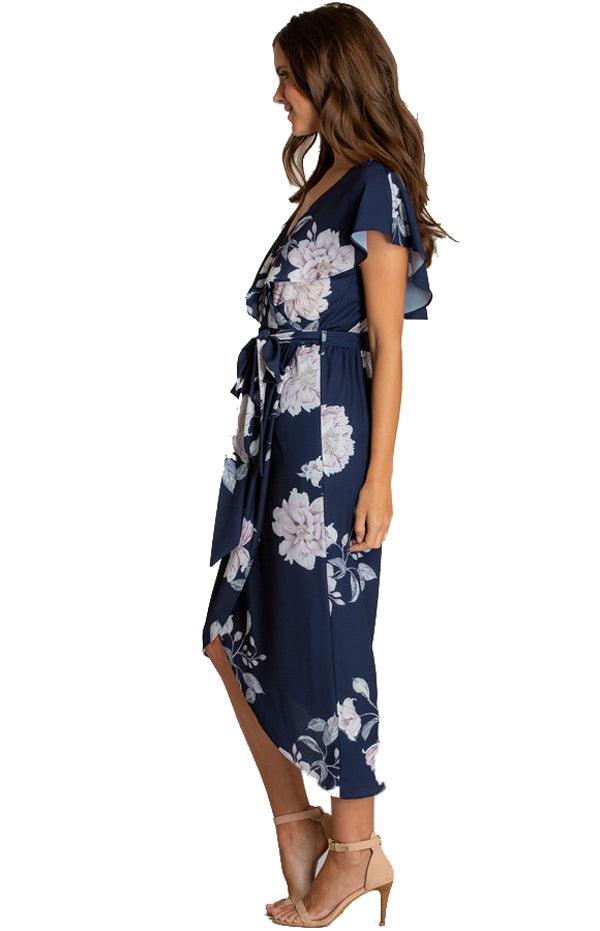 Women's Navy Floral V-Neckline Dress With Contrast Shoulder Details
