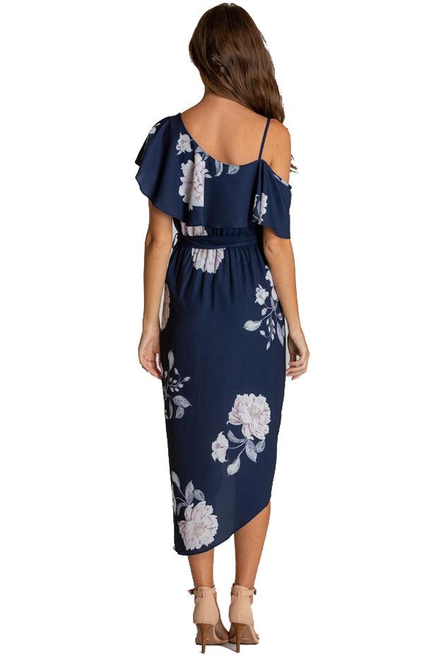 Women's Navy Floral V-Neckline Dress With Contrast Shoulder Details