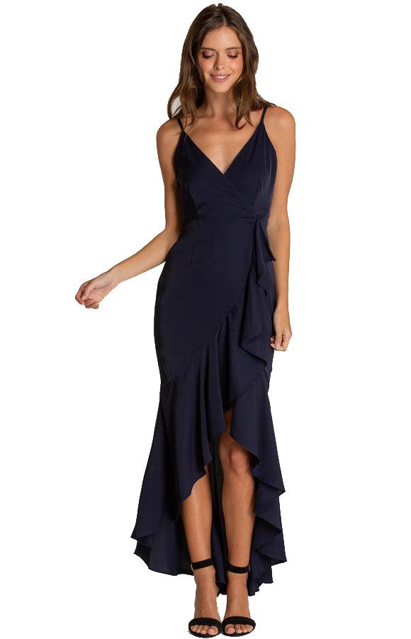 Women's Navy V-neckline Formal Ruffle Dress with Waterfall Hemline