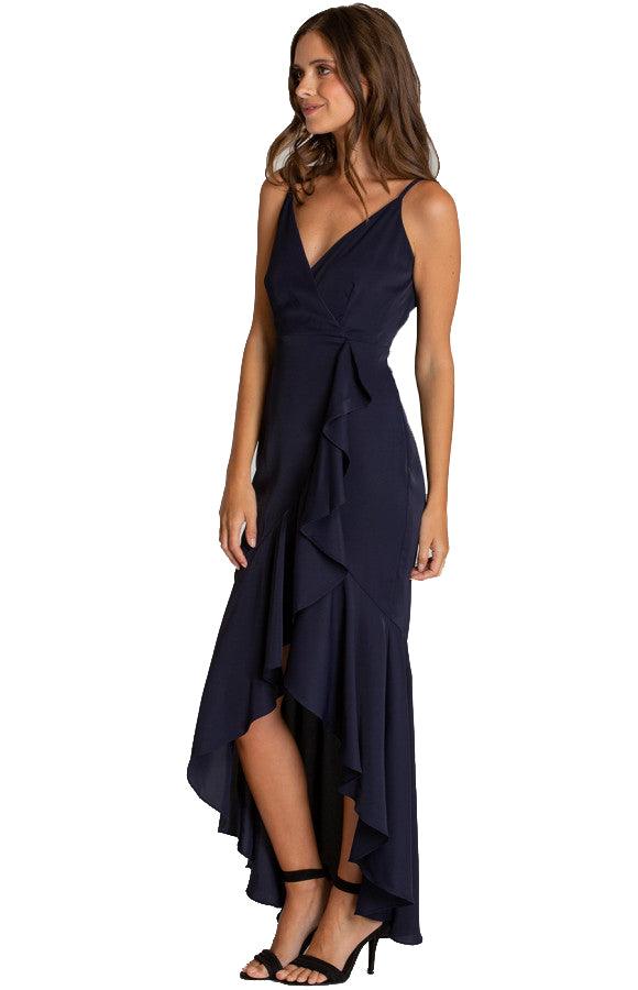 Women's Navy V-neckline Formal Ruffle Dress with Waterfall Hemline