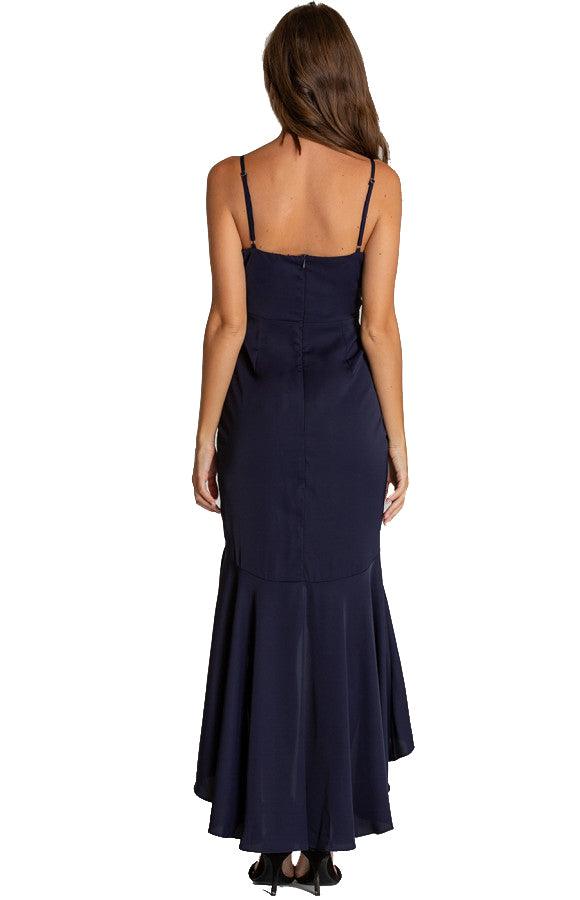 Women's Navy V-neckline Formal Ruffle Dress with Waterfall Hemline
