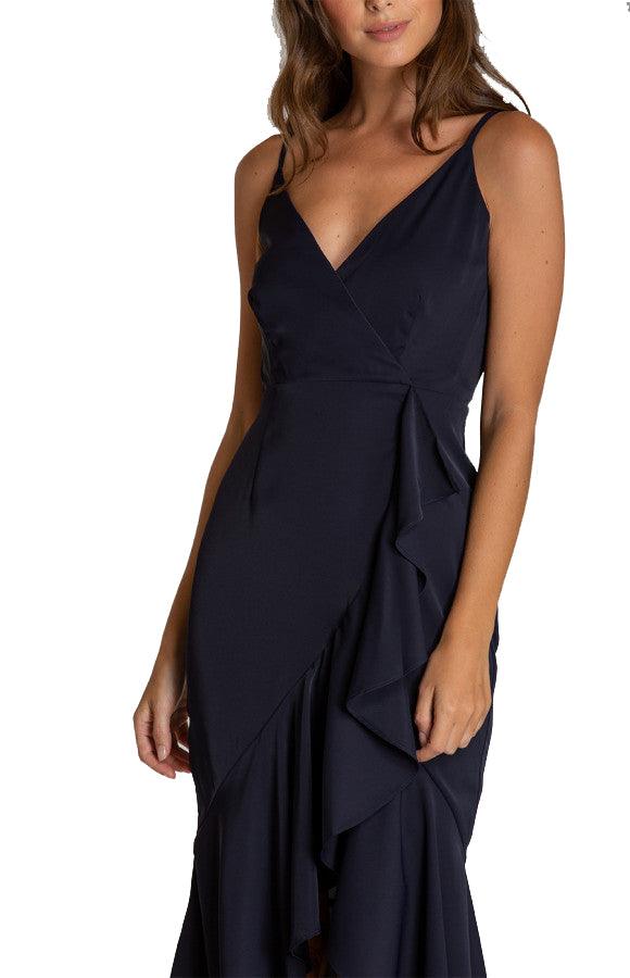 Women's Navy V-neckline Formal Ruffle Dress with Waterfall Hemline