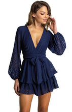 Load image into Gallery viewer, Women&#39;s Navy V Neckline Long Sleeve Playsuit with Ruffle Detail