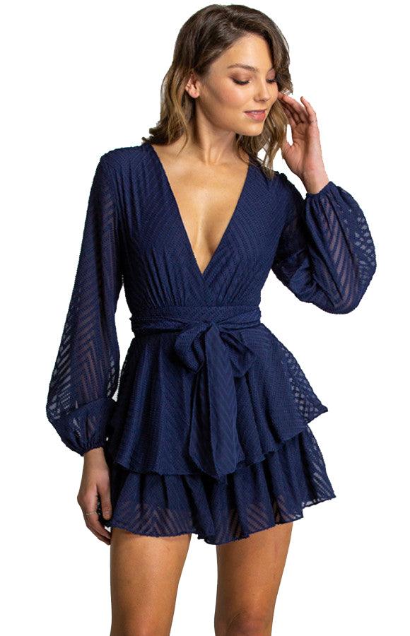 Women's Navy V Neckline Long Sleeve Playsuit with Ruffle Detail