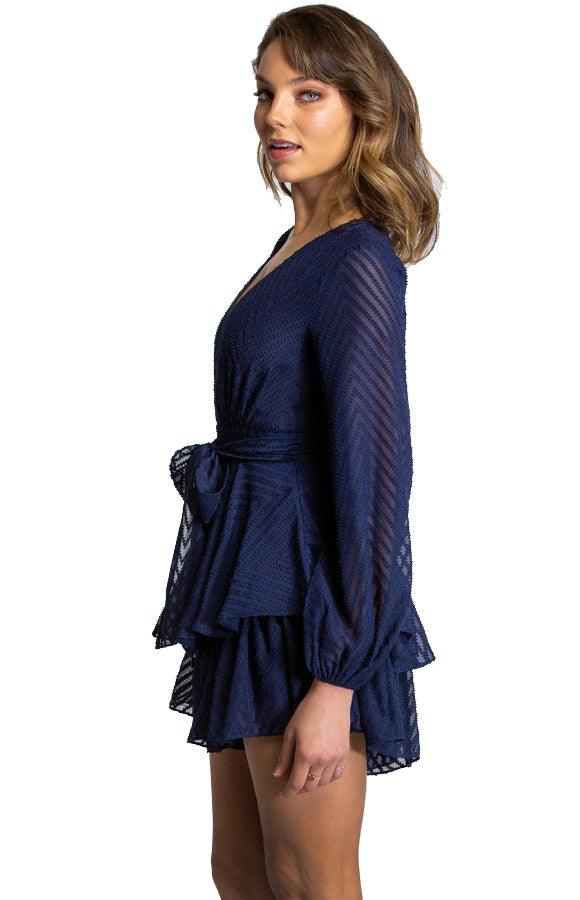 Women's Navy V Neckline Long Sleeve Playsuit with Ruffle Detail