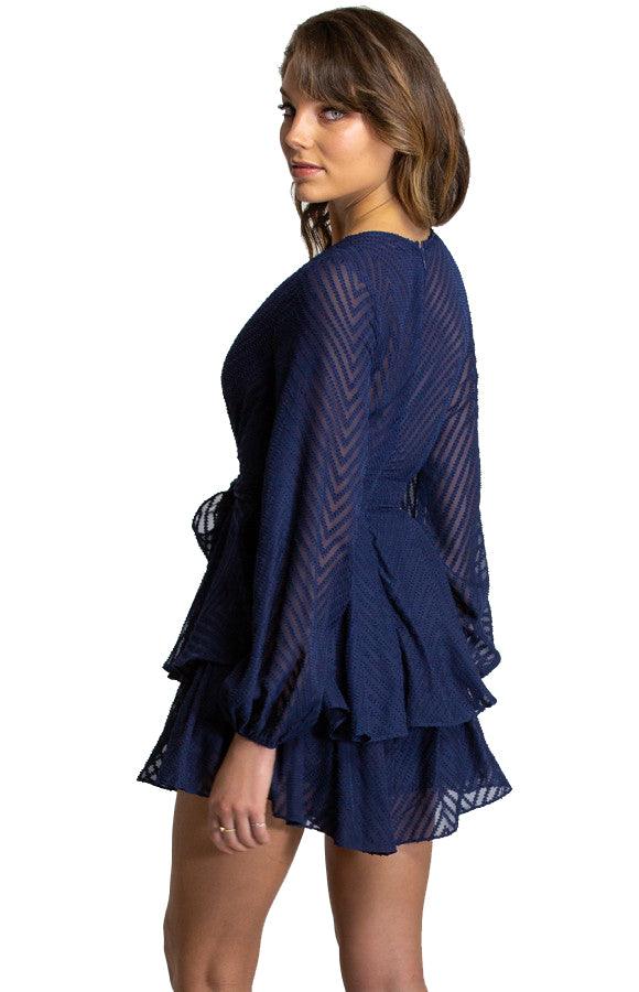 Women's Navy V Neckline Long Sleeve Playsuit with Ruffle Detail