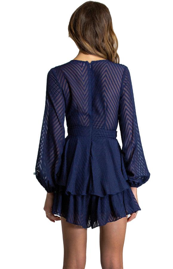 Women's Navy V Neckline Long Sleeve Playsuit with Ruffle Detail