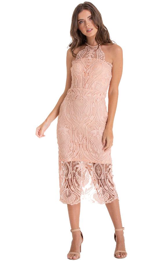 Women's Peach Embroidery Halter Neckline Lace Dress Sleeveless