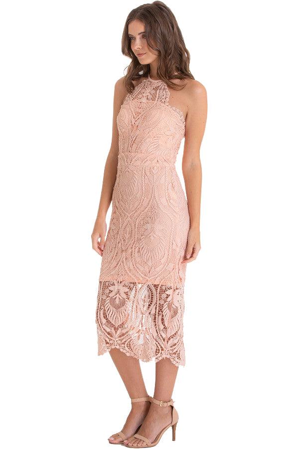Women's Peach Embroidery Halter Neckline Lace Dress - Threads N Trends