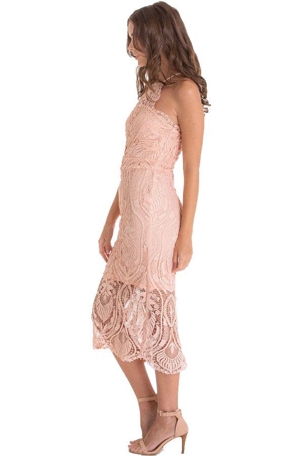 Women's Peach Embroidery Halter Neckline Lace Dress - Threads N Trends