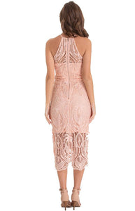 Women's Peach Embroidery Halter Neckline Lace Dress - Threads N Trends