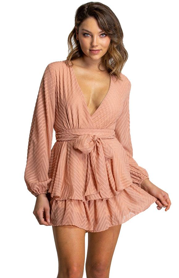 Women's Navy V Neckline Long Sleeve Playsuit with Ruffle Detail
