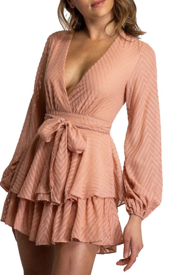 Women's Navy V Neckline Long Sleeve Playsuit with Ruffle Detail