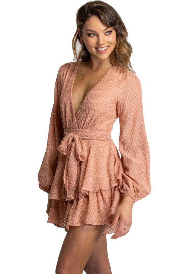 Women's Navy V Neckline Long Sleeve Playsuit with Ruffle Detail