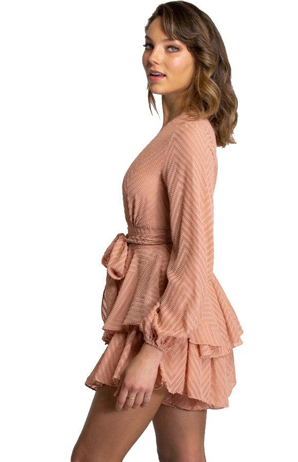 Women's Navy V Neckline Long Sleeve Playsuit with Ruffle Detail