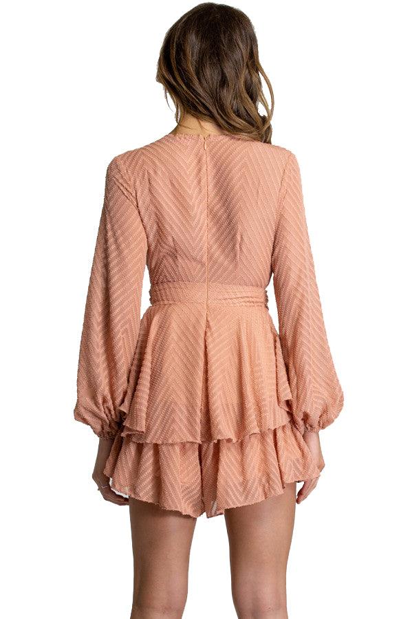 Women's Navy V Neckline Long Sleeve Playsuit with Ruffle Detail