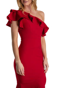 Women's Red Midi Length One Shoulder Dress With Frill Feature