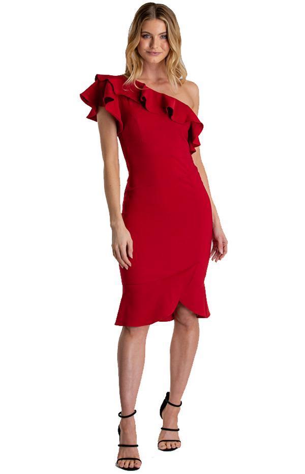 Women's Red Midi Length One Shoulder Dress With Frill Feature