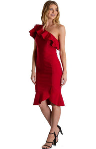 Women's Red Midi Length One Shoulder Dress With Frill Feature