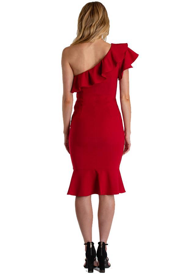 Women's Red Midi Length One Shoulder Dress With Frill Feature