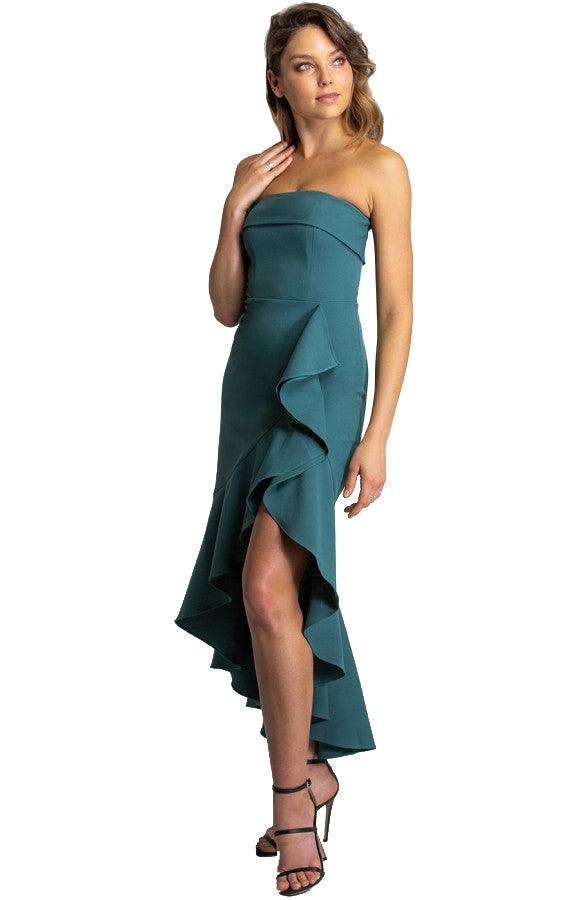 Women's Teal Strapless Princess Panel Dress With Waterfall Hemline