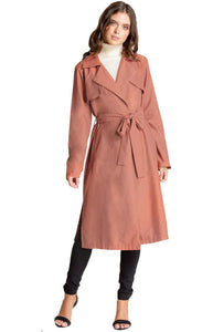Women's Terracotta Collared Long Trench Jacket with Belt Feature