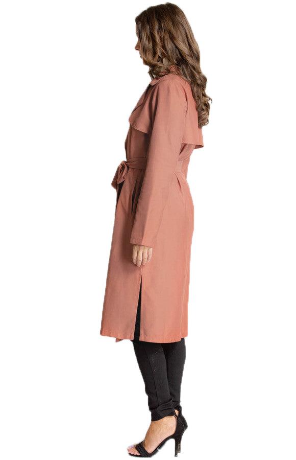 Women's Terracotta Collared Long Trench Jacket with Belt Feature