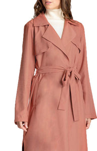 Women's Terracotta Collared Long Trench Jacket with Belt Feature