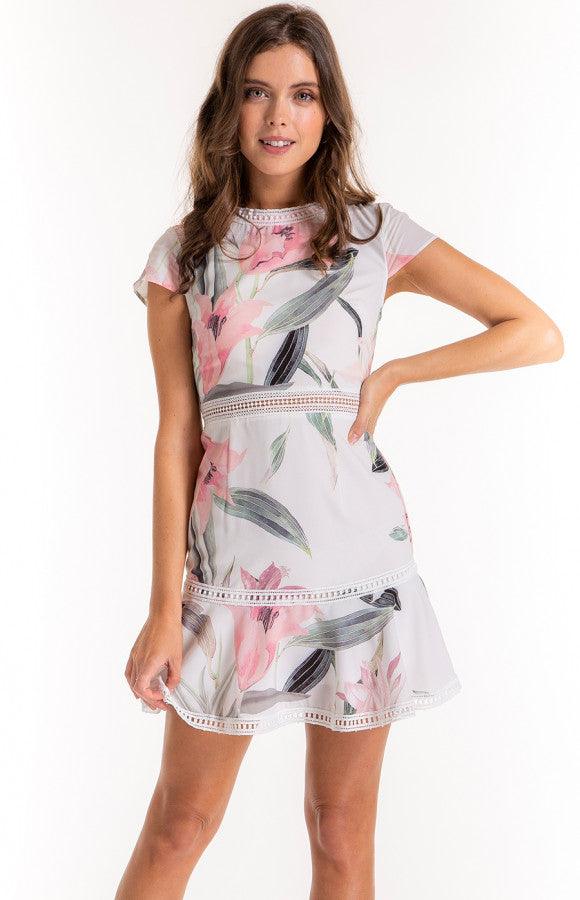 Women's Blush Floral Dress With Trim and Ruffle Details