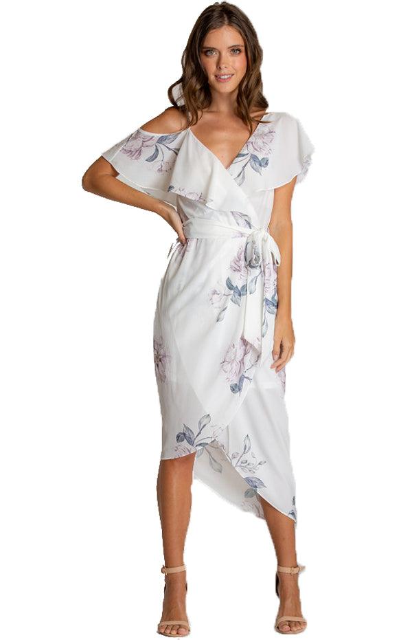 Women's White Floral V-Neckline Dress With Contrast Shoulder Details