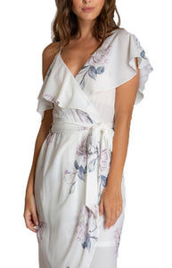 Women's White Floral V-Neckline Dress With Contrast Shoulder Details