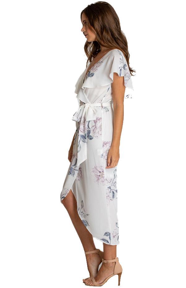Women's White Floral V-Neckline Dress With Contrast Shoulder Details