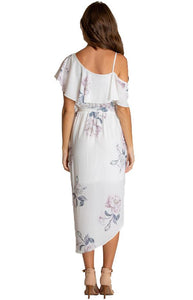 Women's White Floral V-Neckline Dress With Contrast Shoulder Details