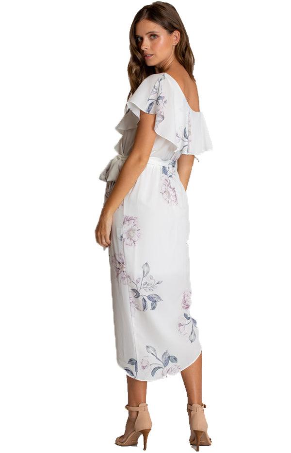 Women's White Floral V-Neckline Dress With Contrast Shoulder Details