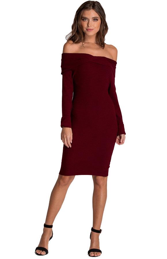Women's Wine Off Shoulder Fitted Knit Sweater Dress Long Sleeve 