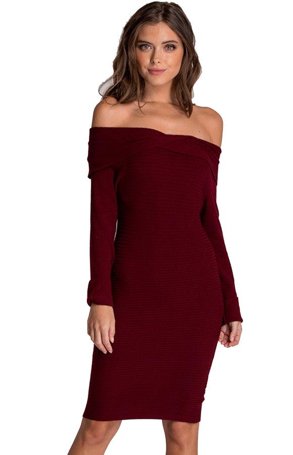 Women's Wine Off Shoulder Fitted Knit Sweater Dress Long Sleeve 