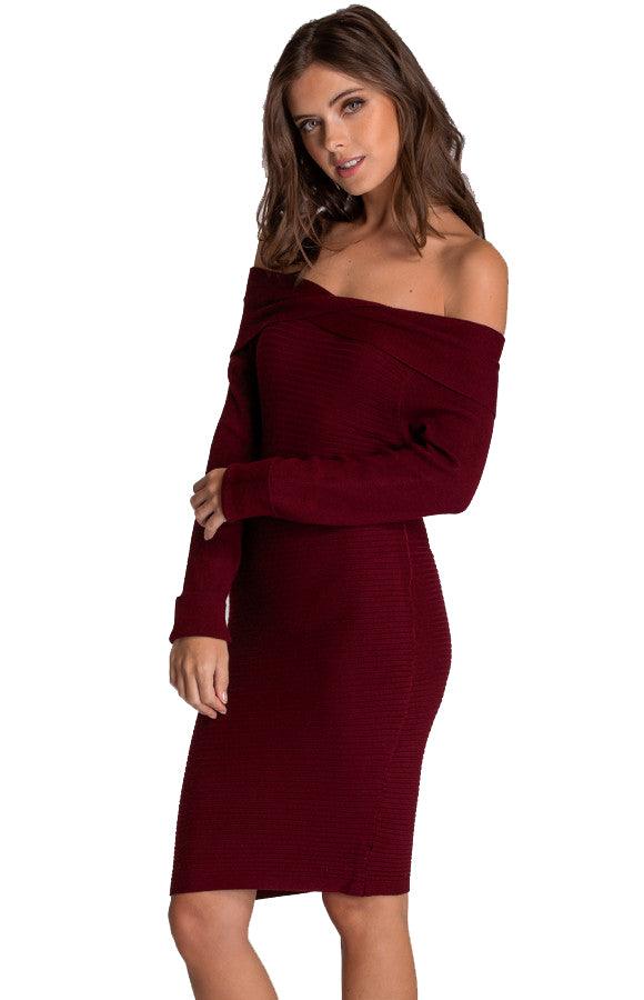 Women's Wine Off Shoulder Fitted Knit Sweater Dress Long Sleeve 