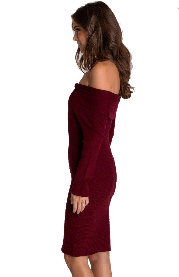 Women's Wine Off Shoulder Fitted Knit Sweater Dress Long Sleeve 