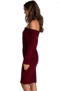 Women's Wine Off Shoulder Fitted Knit Sweater Dress Long Sleeve 
