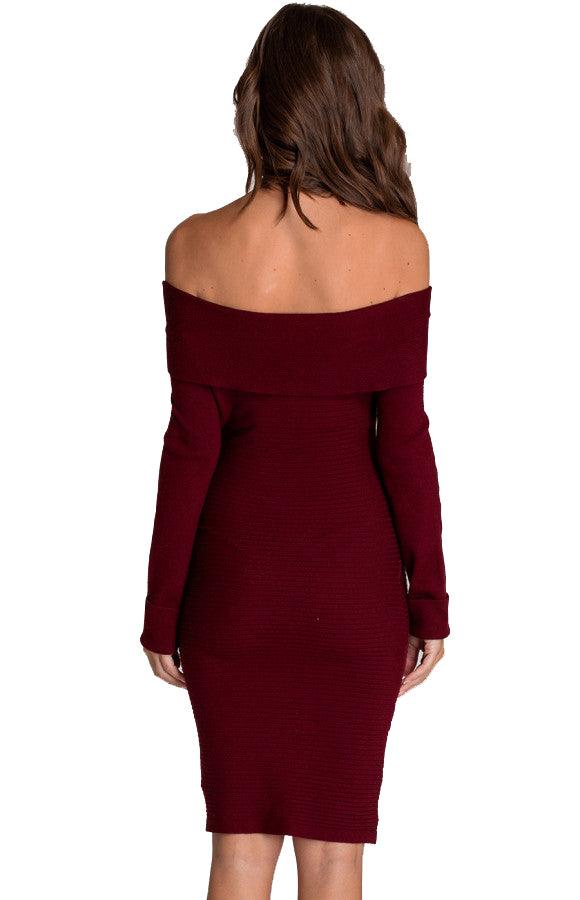 Women's Wine Off Shoulder Fitted Knit Sweater Dress Long Sleeve 