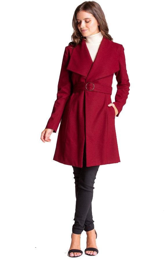 Women's Wine Wide Collar Wool Wrap Coat with Circle Buckle